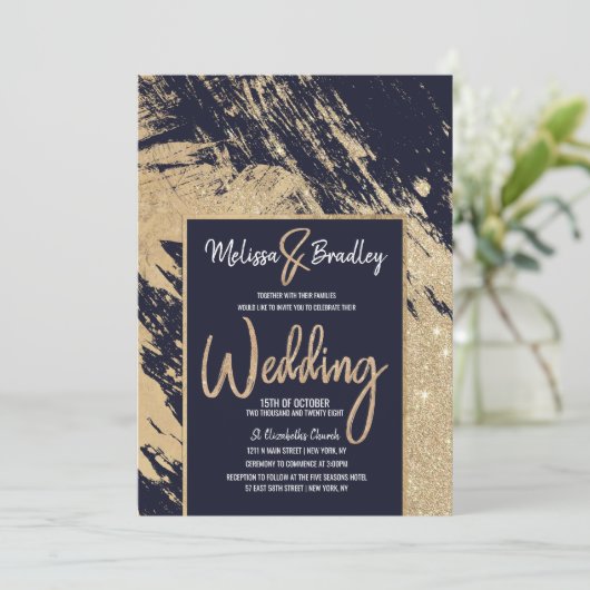 現代の金海軍の青い輝くブラシストロークの結婚式 招待状 (スタンド正面)