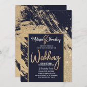 現代の金海軍の青い輝くブラシストロークの結婚式 招待状 (正面/裏面)