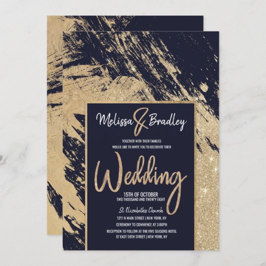 現代の金海軍の青い輝くブラシストロークの結婚式 招待状 (正面/裏面)