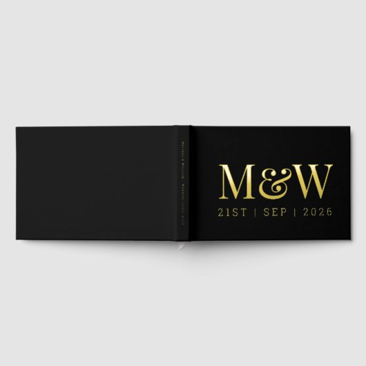 現代の黒い金箔モノグラムイニシャルウェディング ゲストブック (全面)
