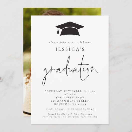 現代の2024年卒業写真 モルタルボード キャップ 招待状 (正面/裏面)