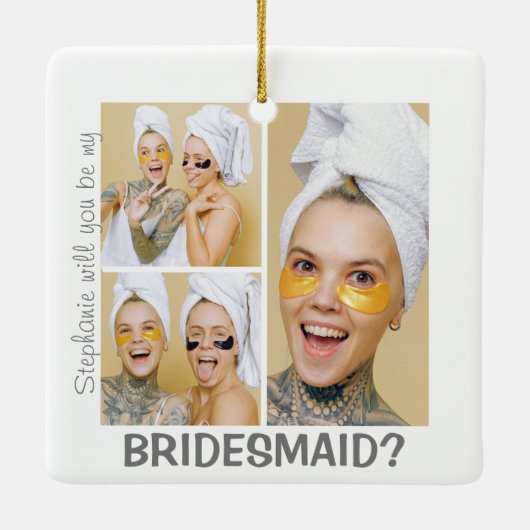 現代の3枚の写真の装飾 | あなたは私の伴娘になってくれる? セラミックオーナメント (裏面)