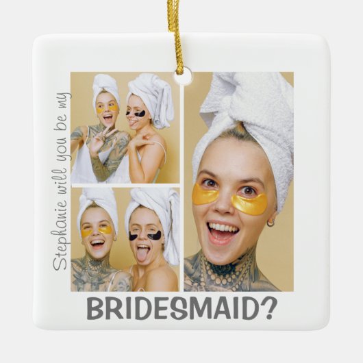 現代の3枚の写真の装飾 | あなたは私の伴娘になってくれる？ セラミックオーナメント (正面)