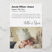 現代シルバーテキストこんにちは写真の赤ちゃんの発表 箔招待状 (裏面)