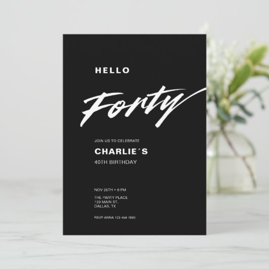 現代ミニマル・ブラック・ホワイト・スクリプト40歳の誕生日 招待状 (スタンド正面)