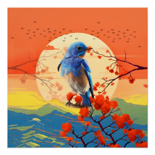 現代日本風の花咲く自然の中の鳥の風景 ポスター (正面)