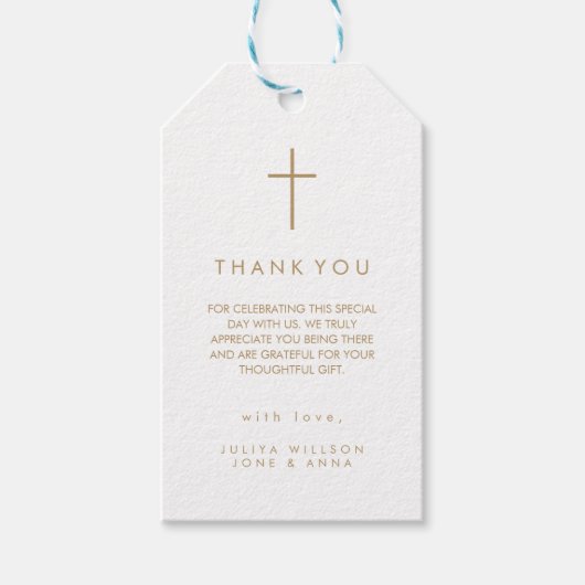 現代的なクロス ゴールド 写真 洗礼 ギフトタグ (正面)