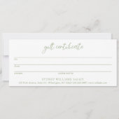 現代的なセージグリーンのモダンギフト券 (裏面)