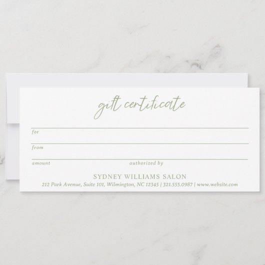 現代的なセージグリーンのモダンギフト券 (裏面)