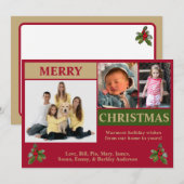 現代的なデザインの3枚写真クリスマスカード(赤・金・緑) シーズンカード (正面/裏面)