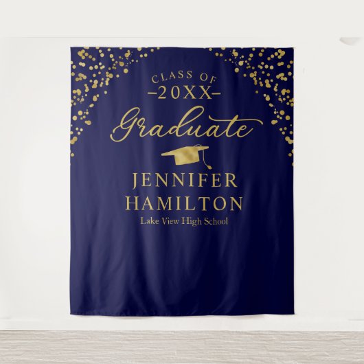 現代的なブルーゴールドの卒業式背景 タペストリー (正面)