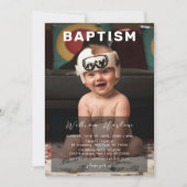 現代的なミニマルな男の子の赤ちゃんの写真と洗礼 招待状 (正面)