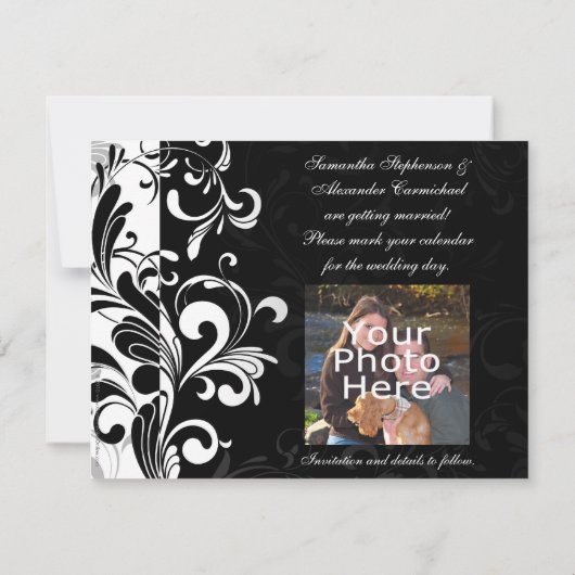 現代的なモノクロの渦巻き セーブザデート (裏面)