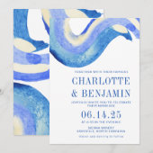現代的な抽象アートの青い水彩画のウェディング 招待状 (正面/裏面)