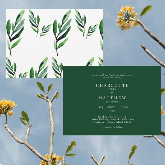 現代的な水彩画のグリーン　親族なしの結婚式 招待状