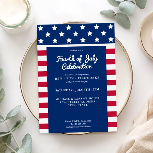 現代的な独立記念日（4th of July）の赤白青 招待状