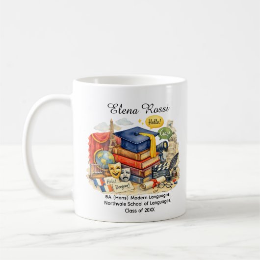 🎓現代語学 卒業 オリジナル名&学位 コーヒーマグカップ (左)