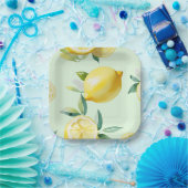 現代風のレモンイエローと花のスクリプトの結婚前お披露目会 ペーパープレート (パーティー)