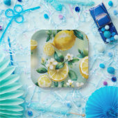 現代風のレモンイエローと花のスクリプトの結婚前お披露目会 ペーパープレート (パーティー)