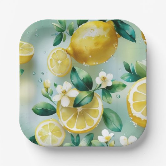 現代風のレモンイエローと花のスクリプトの結婚前お披露目会 ペーパープレート (正面)