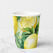 現代風のレモン ブルー 花柄スクリプト ブライダルシャワー 紙コップ (正面)