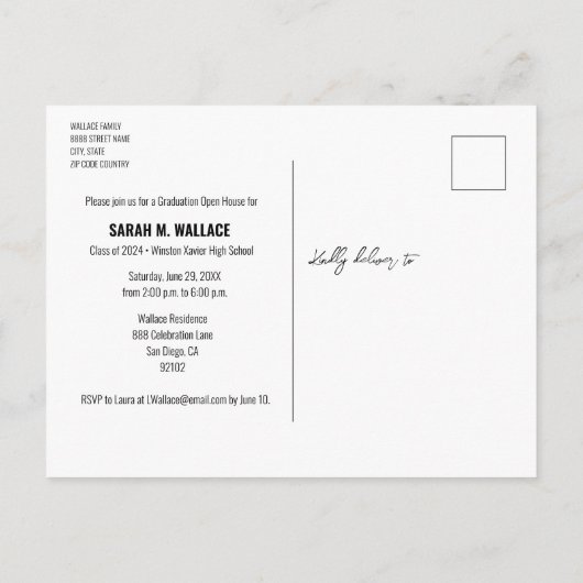 現代風の手書き高校卒業写真 インビテーションポストカード (裏面)