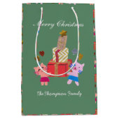 現在のコケの緑のクリスマスを持つかわいい猫 ミディアムペーパーバッグ (正面)