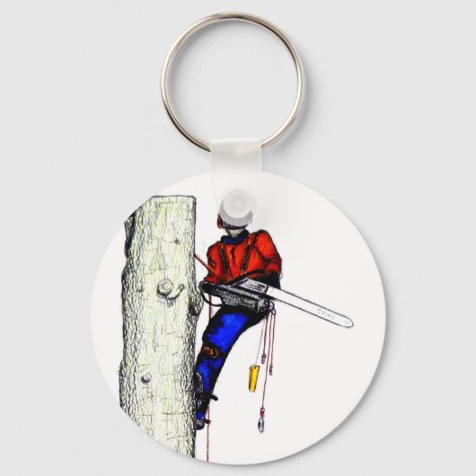 現在のチェーンソーで働く木の外科医アルボリスト キーホルダー (正面)