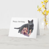 現在のバースデー・カードを持つ灰色猫 カード (黄色い花)