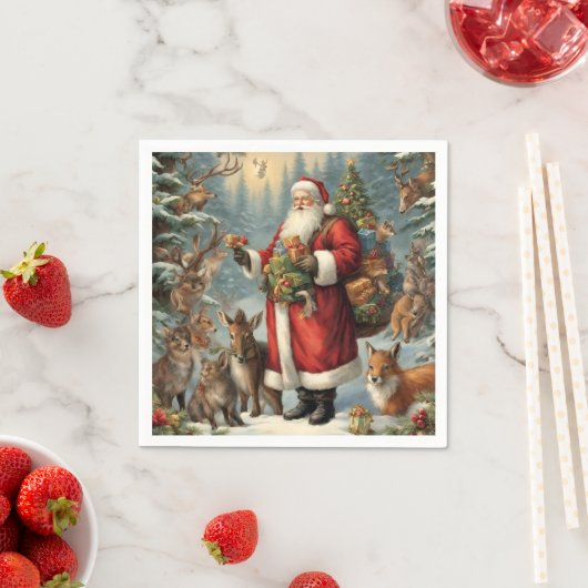 現在ビクトリアンの動物と森林動物のサンタ スタンダードカクテルナプキン (インサイチュ)