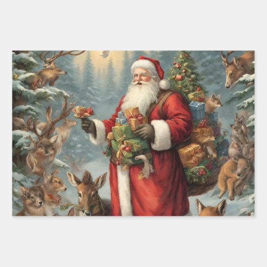 現在ビクトリアンの動物と森林動物のサンタ ラッピングペーパーシート (正面)