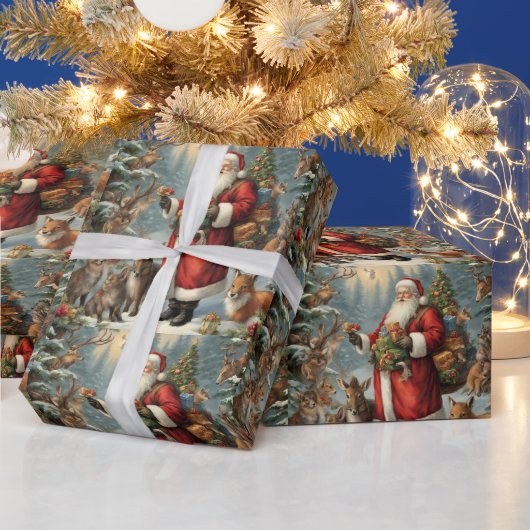 現在ビクトリアンの動物と森林動物のサンタ ラッピングペーパー (クリスマス)