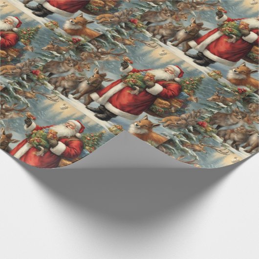 現在ビクトリアンの動物と森林動物のサンタ ラッピングペーパー (角)