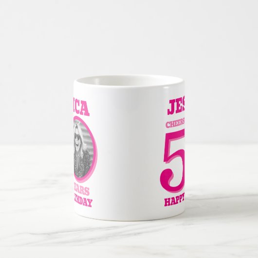 現在50誕生日の写真の名前ピンク文字 コーヒーマグカップ (中央)