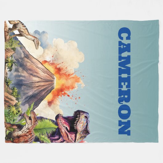 現実的な恐竜と火山の名前をカスタムする フリースブランケット (正面(横))