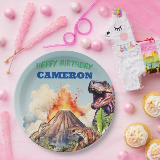 現実的な恐竜と火山の名前をカスタムする ペーパープレート (パーティー)
