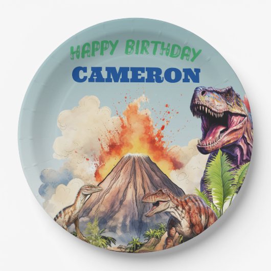 現実的な恐竜と火山の名前をカスタムする ペーパープレート (正面)