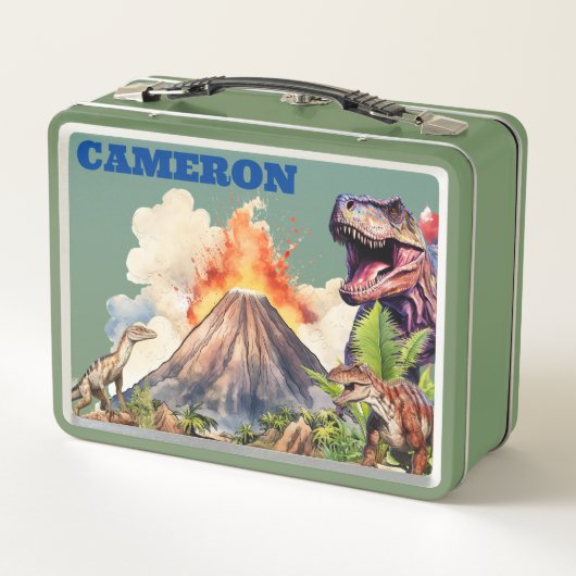 現実的な恐竜と火山の名前をカスタムする メタルランチボックス (裏面)