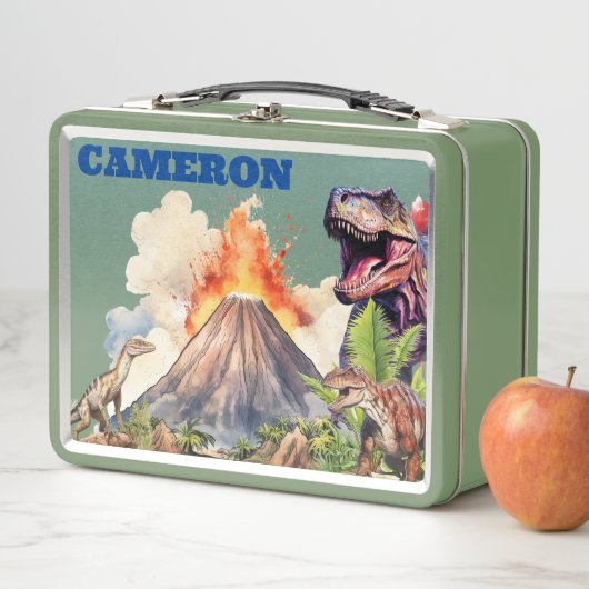 現実的な恐竜と火山の名前をカスタムする メタルランチボックス (インサイチュ)