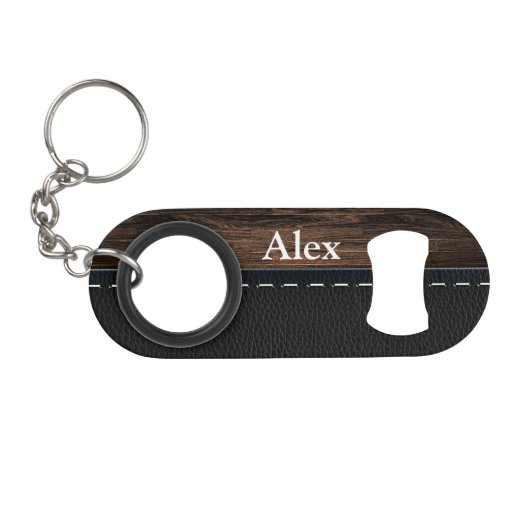 現実的な木およびステッチされた革質 キーホルダー栓抜き (正面(横))