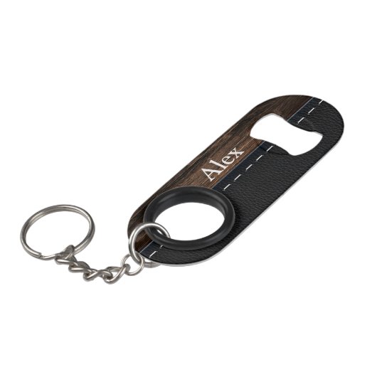 現実的な木およびステッチされた革質 キーホルダー栓抜き (正面アングル)
