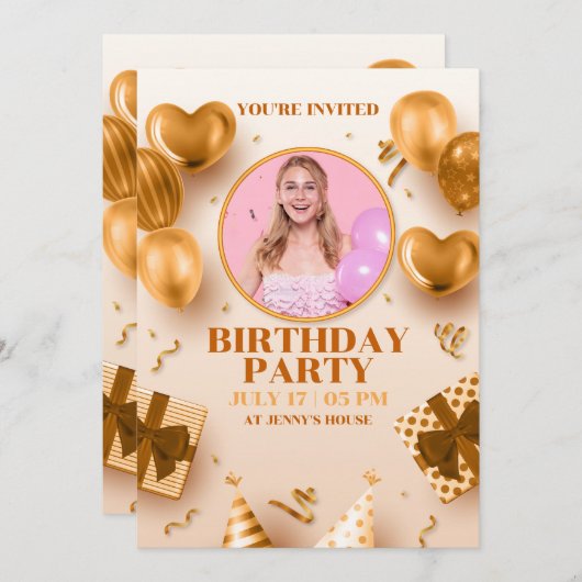 現実的な豪華なゴールデンハッピーバースデー招待 シーズンカード (正面/裏面)