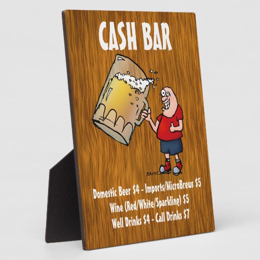 現金のバーおもしろいの看板を木の背景に フォトプラーク (側面)