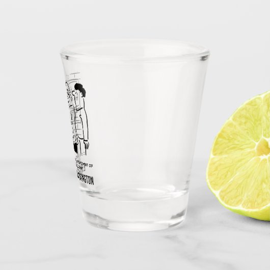 現金機械は顧客の漫画を笑う。 ショットグラス (右)