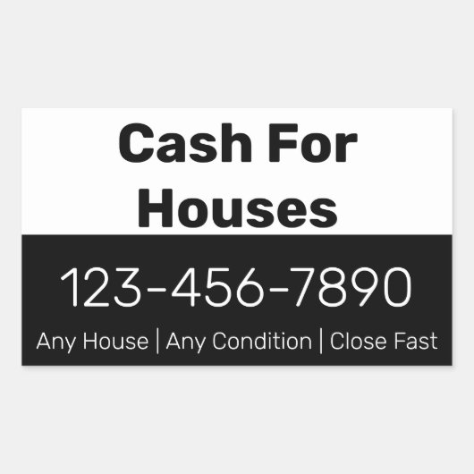 現金for住宅用白黒電話番号あなたのテキスト 長方形シール (正面)