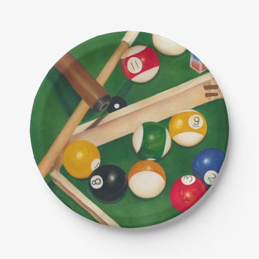 球およびチョークが付いているリアルなビリヤード台 ペーパープレート (正面)