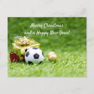 球とギフトボックス付きのサッカークリスマスカード シーズンポストカード