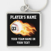 球を炎にあてるパーソナライズな野球の年長のギフト キーホルダー (正面)