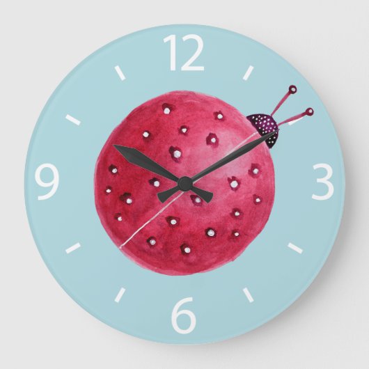 球状かわいらし抽象芸術水色Ladybug子供 ラージ壁時計 (正面)