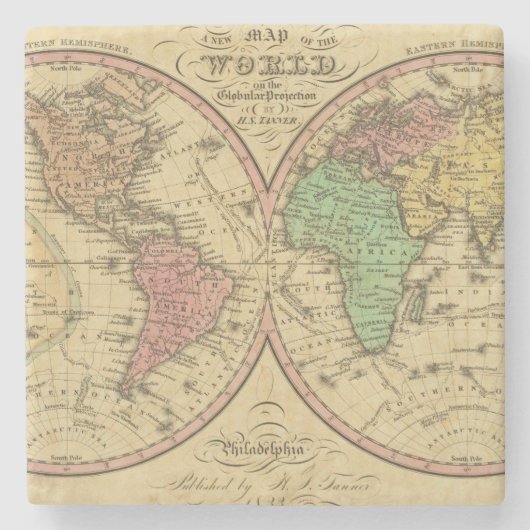 球状投射2の世界の地図 ストーンコースター (正面)